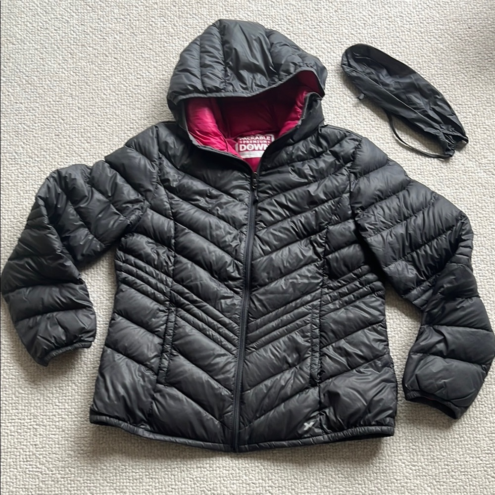 Gray and Pink Quilted Puffer Jacket with Hood